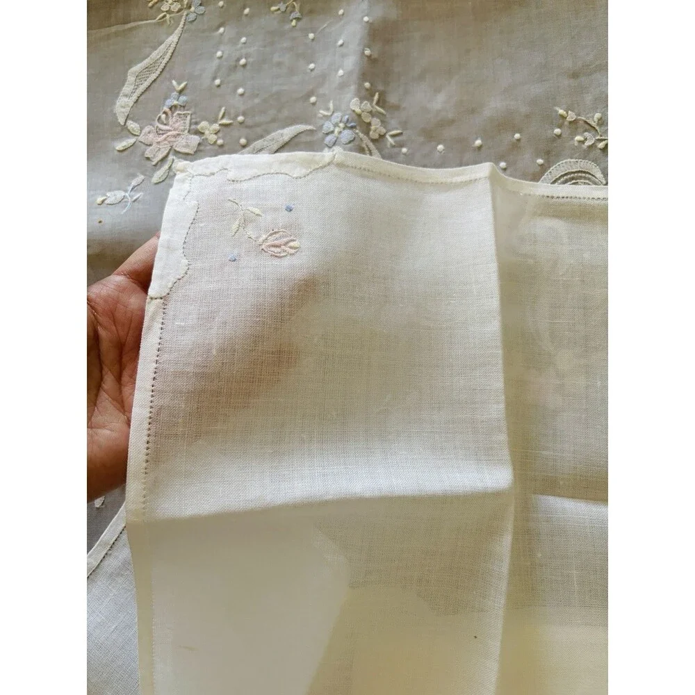 Vintage Embroidered Sheer Linen Tablecloth & 6 Pcs Napkins Set Floral